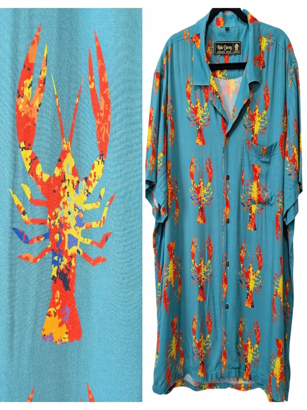 Nola Dawg Mens Size XL Teal Blue Green Lobster Print Rayon S/S Hawaiian Shirt